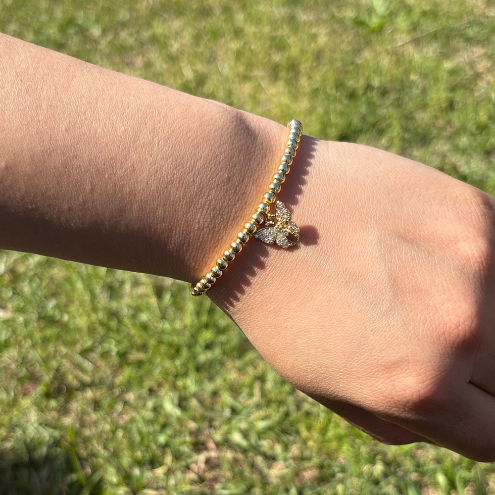 Gold Beaded Bracelet with Pavé Clover Charm - Women Jewelry